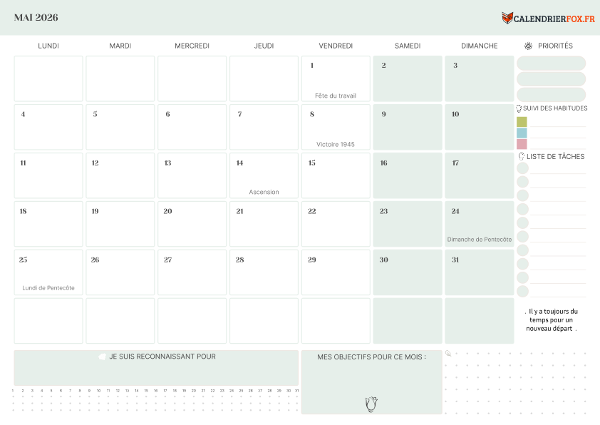 Calendrier mai 2026 avec Priorités
