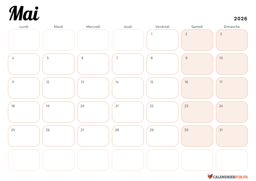 Calendrier mai 2026 Élégant