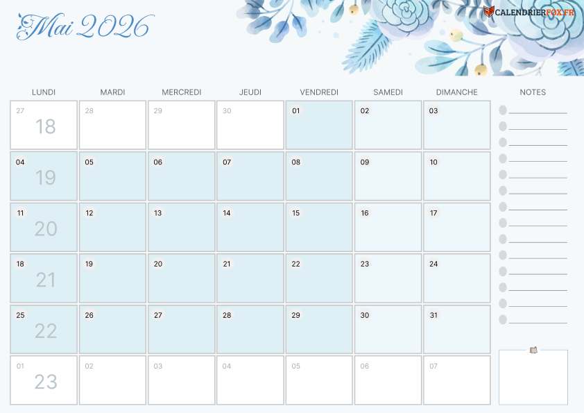 Calendrier mai 2026 Esthétique
