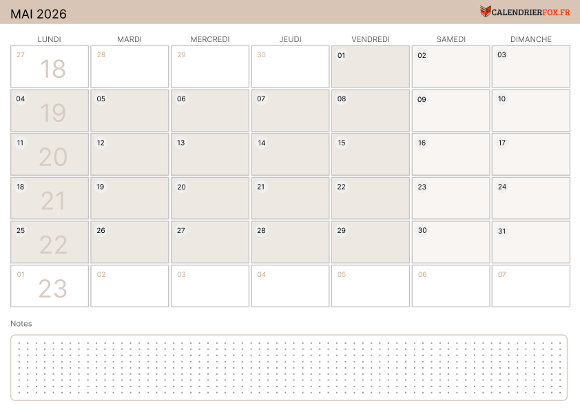 Calendrier mai 2026 Moderne