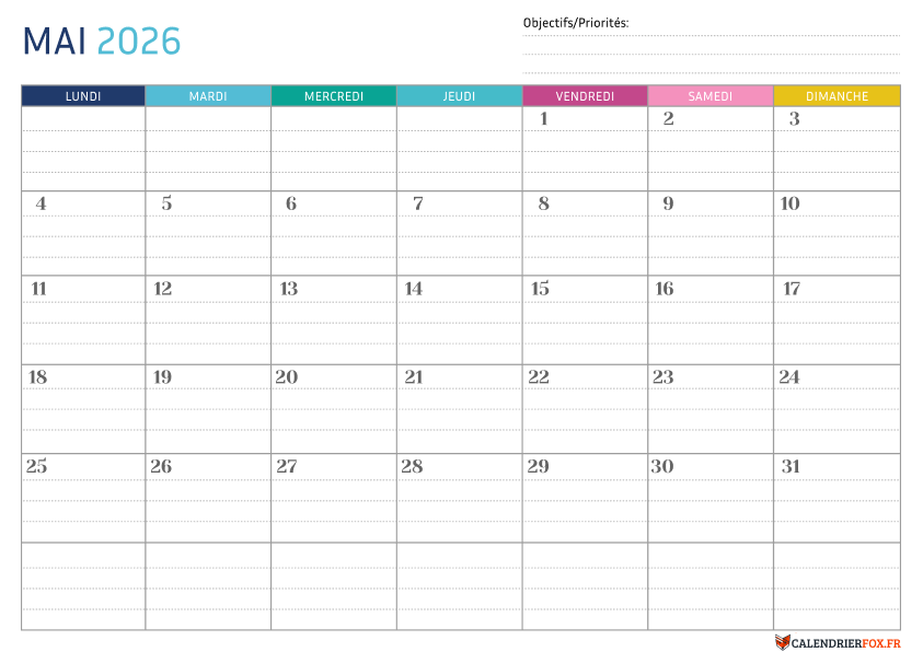 Calendrier mai 2026 Pointillé