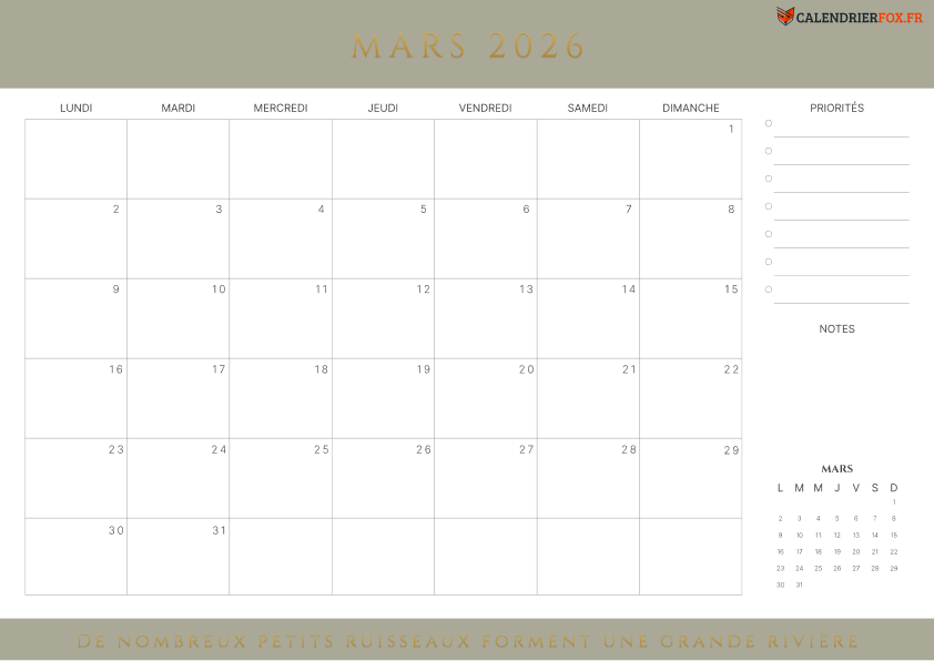 Calendrier mars 2026 avec Citations