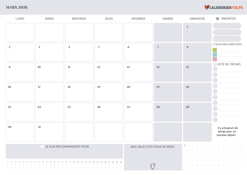 Calendrier mars 2026 avec Jours Fériés