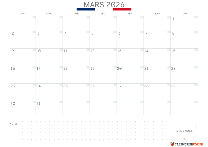 Calendrier mars 2026 avec le Drapeau Français