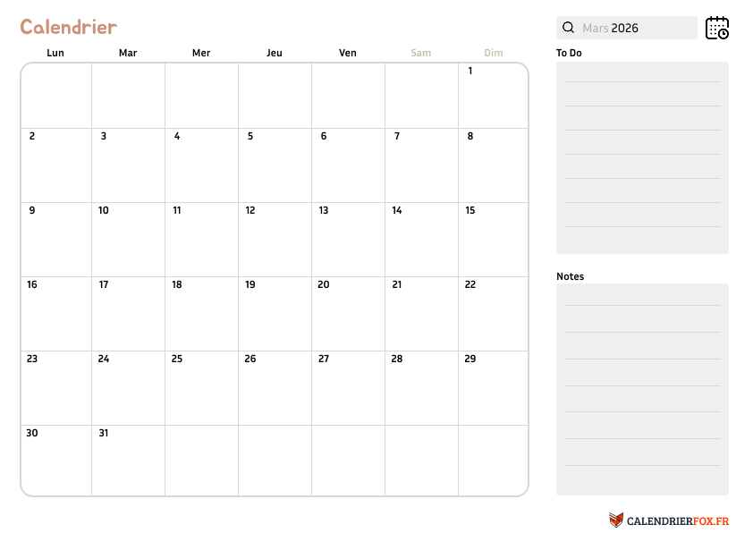 Calendrier mars 2026 avec Notes