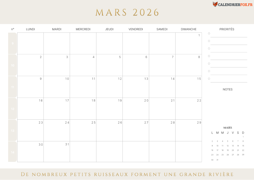 Calendrier mars 2026 avec Numéros de Semaine