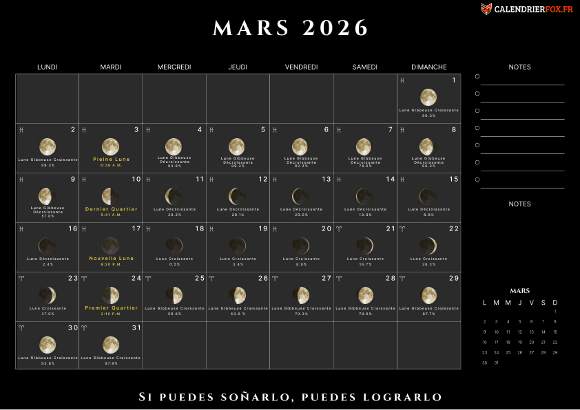 Calendrier mars 2026 avec Phases de Lune