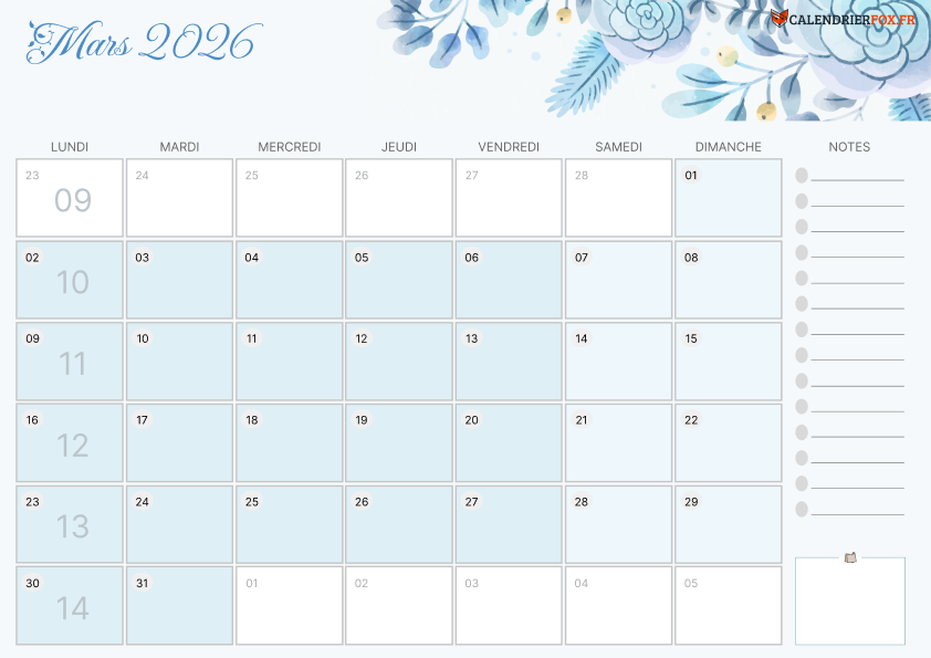 Calendrier mars 2026 Esthétique