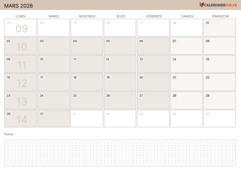 Calendrier mars 2026 Moderne