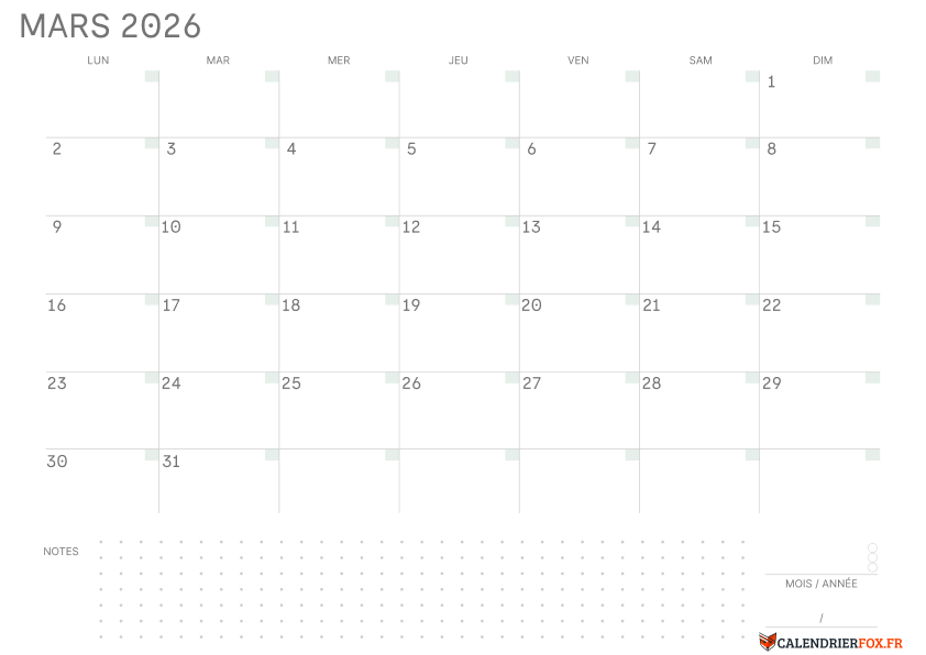 Calendrier mars 2026 Vierge