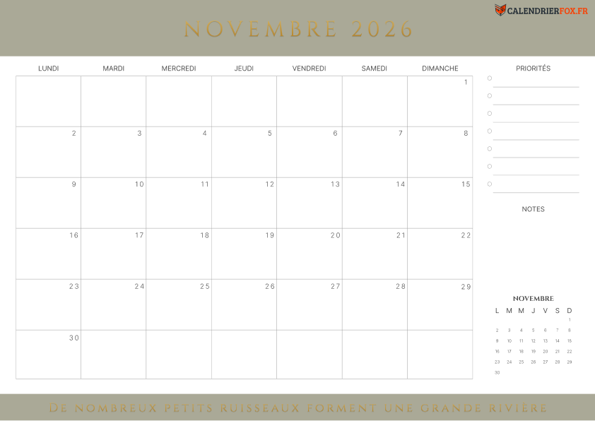 Calendrier novembre 2026 avec Citations