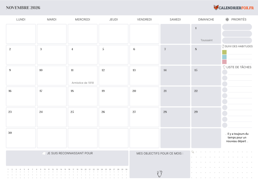 Calendrier novembre 2026 avec Jours Fériés