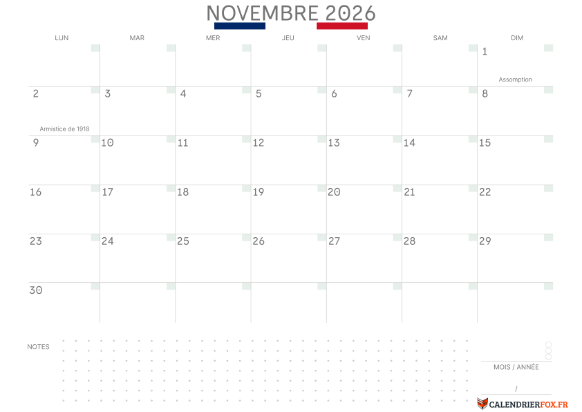 Calendrier novembre 2026 avec le Drapeau Français