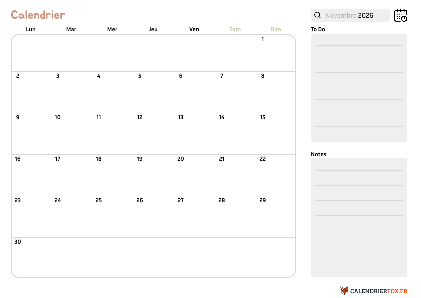 Calendrier novembre 2026 avec Notes