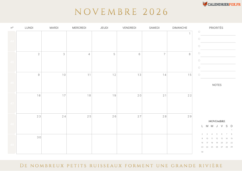 Calendrier novembre 2026 avec Numéros de Semaine