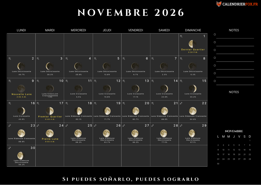 Calendrier novembre 2026 avec Phases de Lune