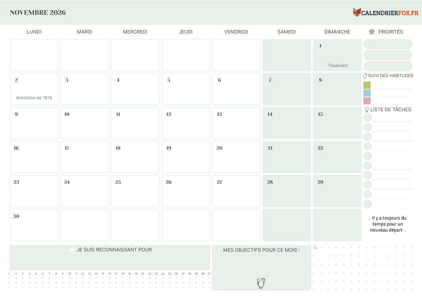 Calendrier novembre 2026 avec Priorités