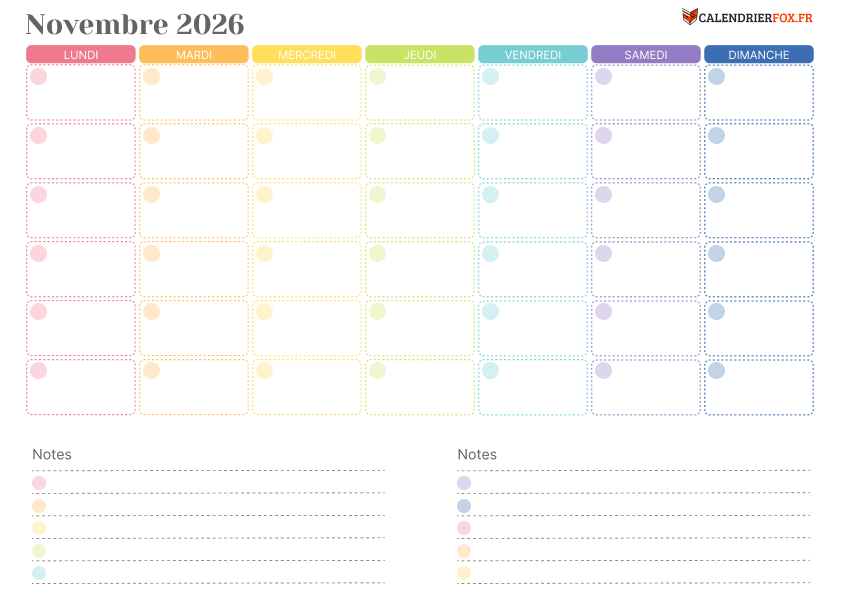 Calendrier novembre 2026 Coloré