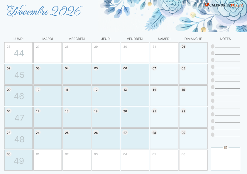 Calendrier novembre 2026 Esthétique
