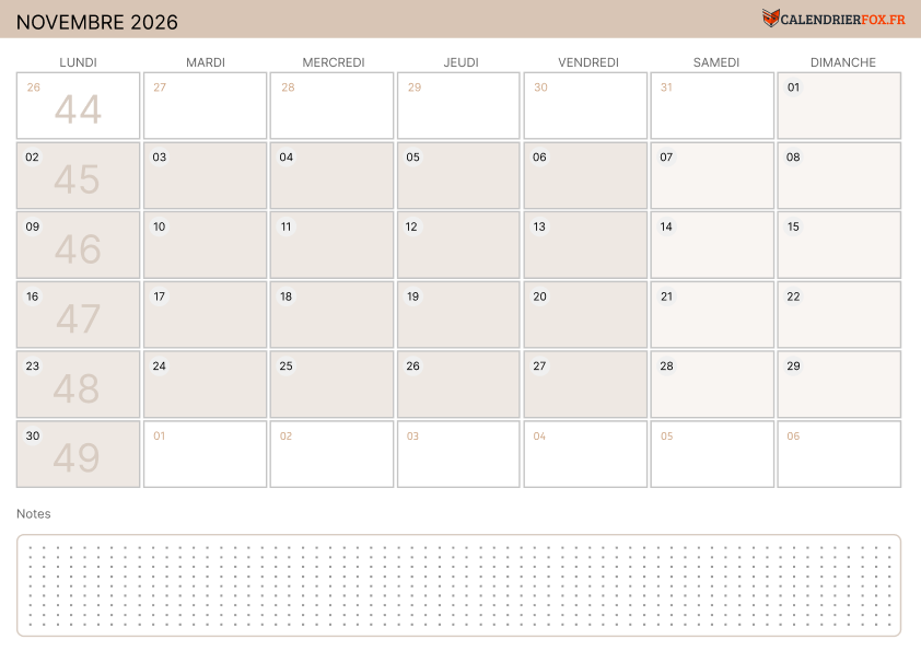 Calendrier novembre 2026 Moderne