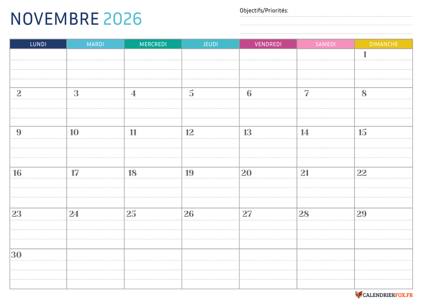 Calendrier novembre 2026 Pointillé