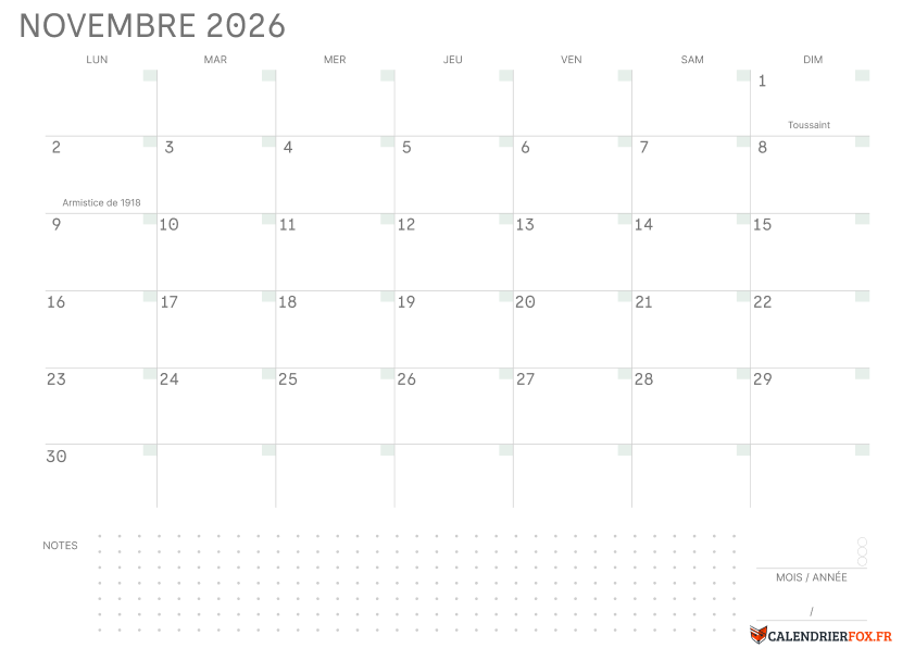 Calendrier novembre 2026 Vierge