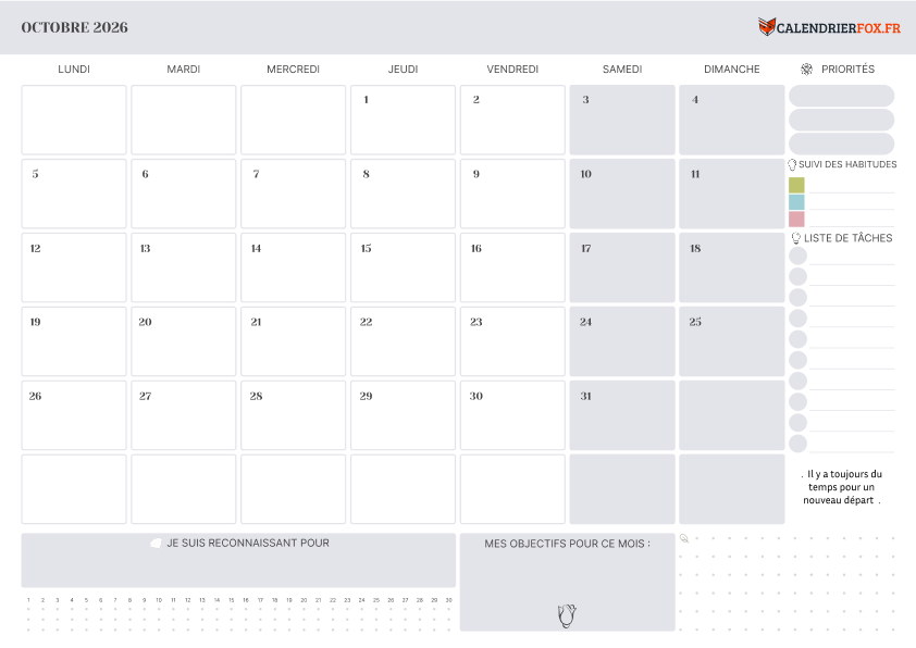 Calendrier octobre 2026 avec Jours Fériés