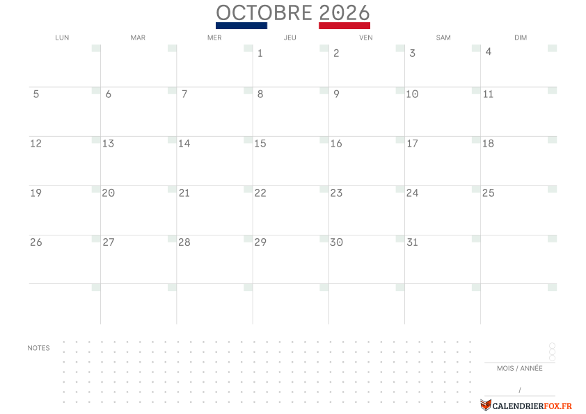 Calendrier octobre 2026 avec le Drapeau Français