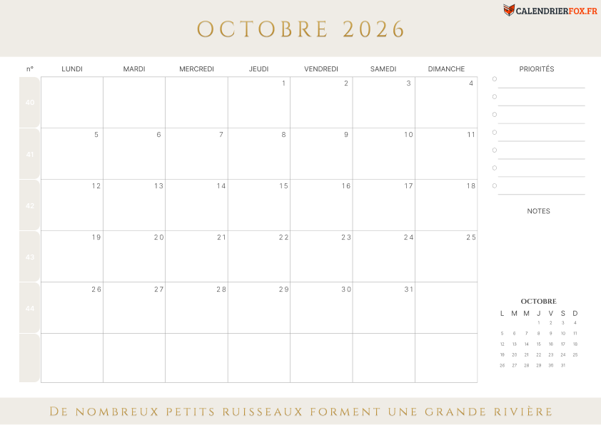 Calendrier octobre 2026 avec Numéros de Semaine