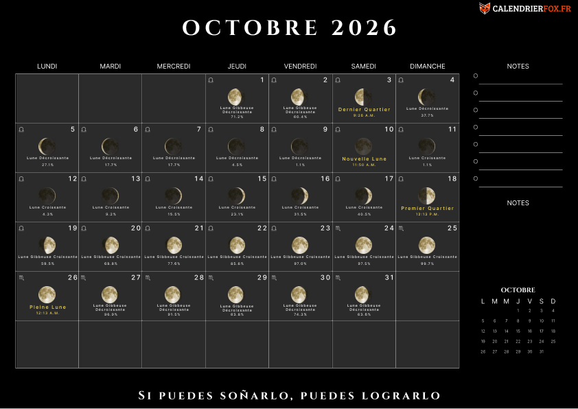 Calendrier octobre 2026 avec Phases de Lune