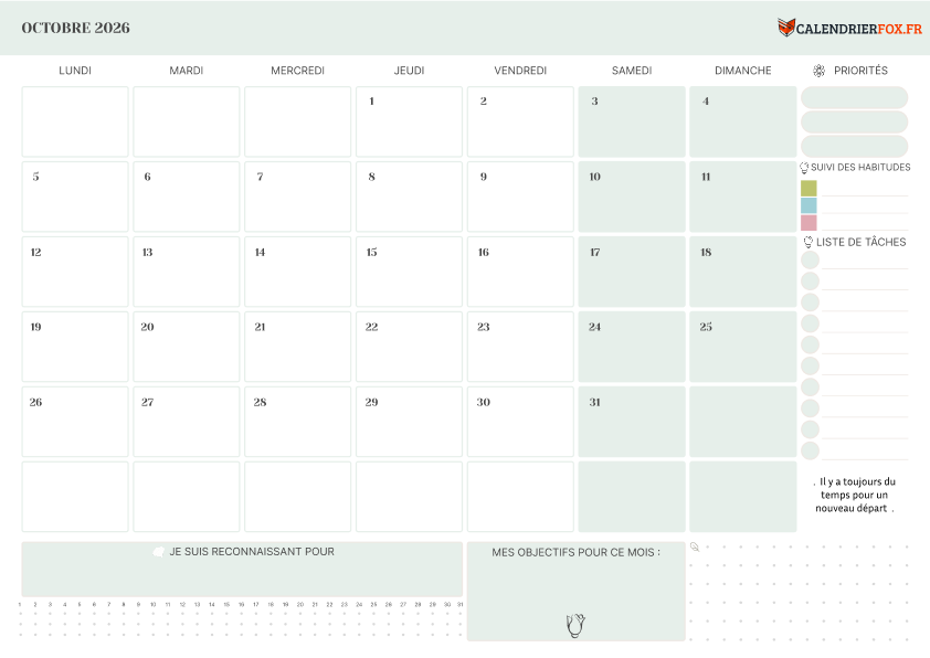 Calendrier octobre 2026 avec Priorités