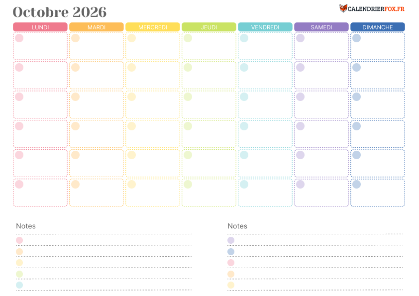 Calendrier octobre 2026 Coloré