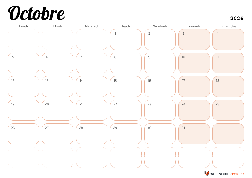 Calendrier octobre 2026 Élégant