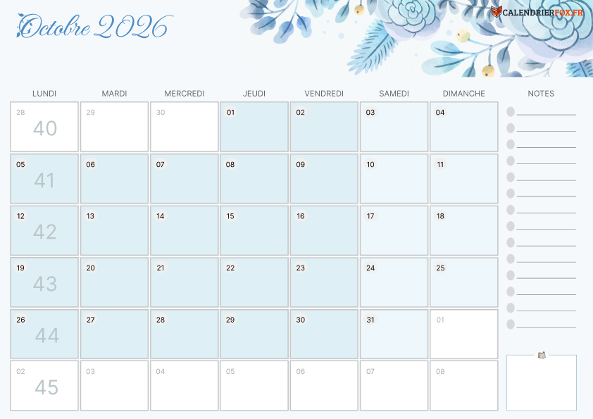 Calendrier octobre 2026 Esthétique