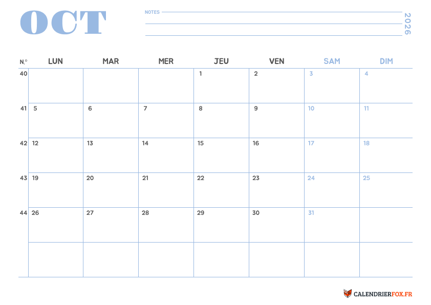 Calendrier octobre 2026 Minimaliste