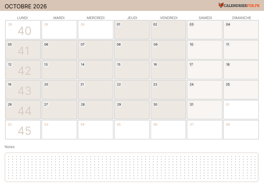 Calendrier octobre 2026 Moderne