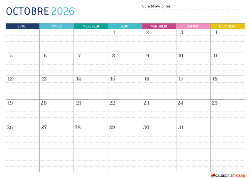 Calendrier octobre 2026 Pointillé