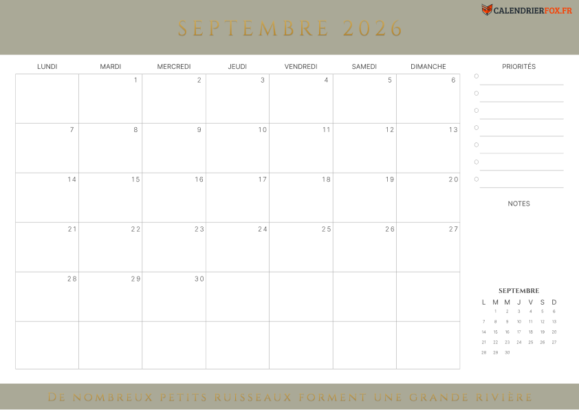 Calendrier septembre 2026 avec Citations