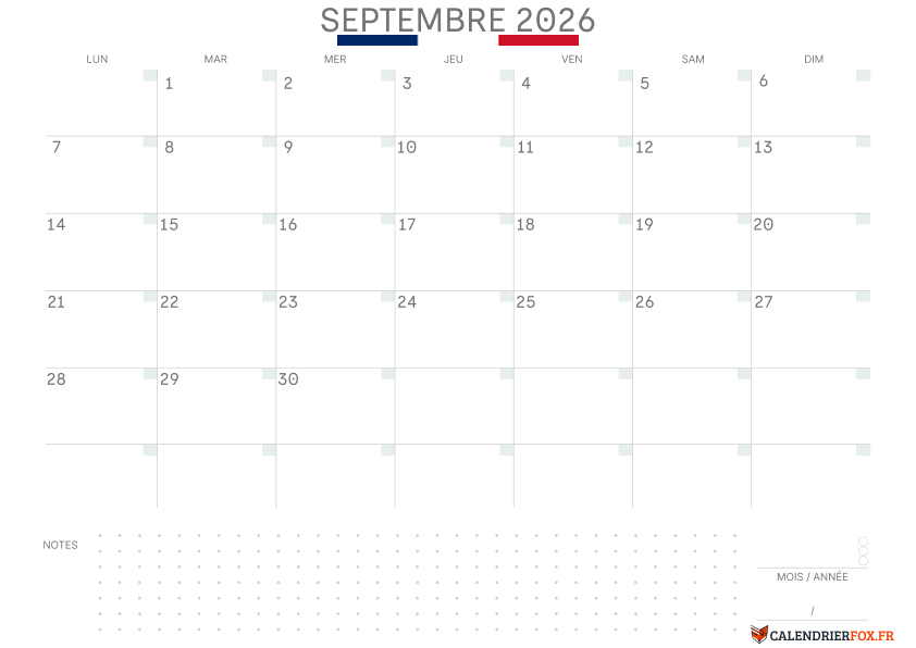 Calendrier septembre 2026 avec le Drapeau Français