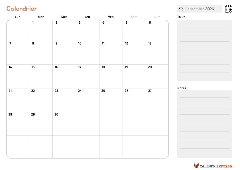 Calendrier septembre 2026 avec Notes