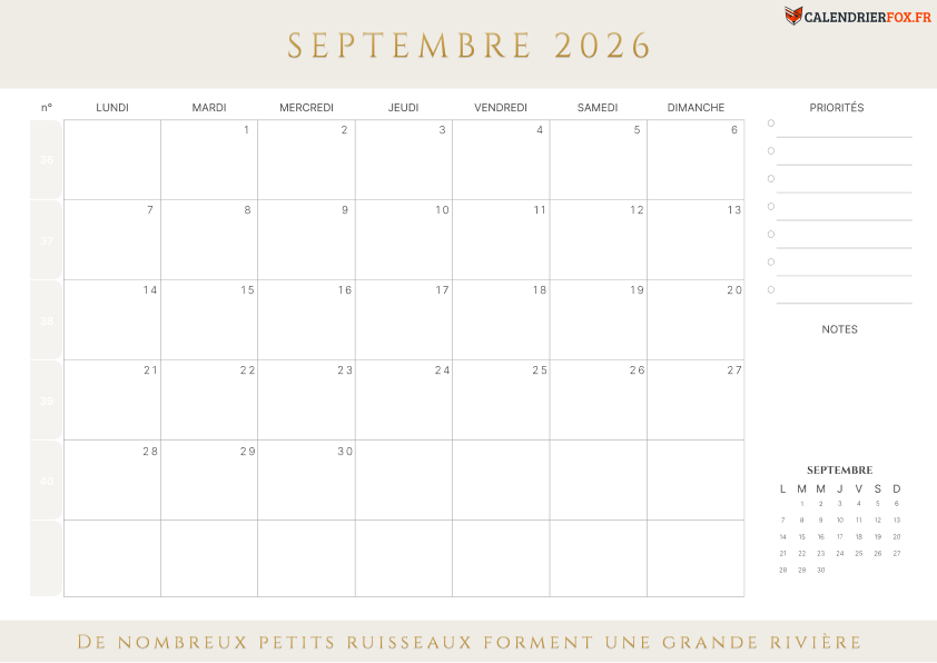 Calendrier septembre 2026 avec Numéros de Semaine