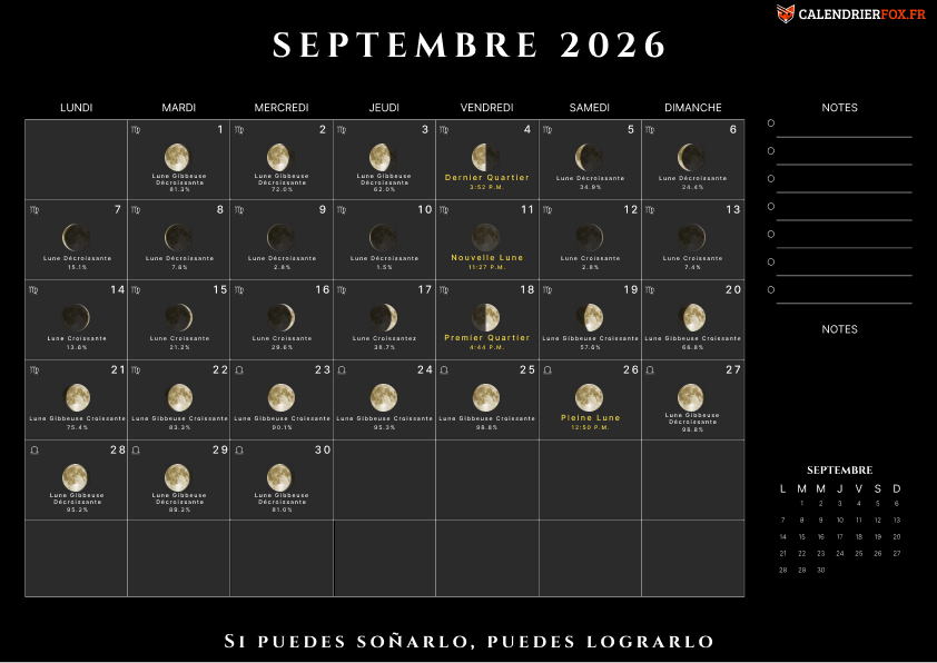 Calendrier septembre 2026 avec Phases de Lune