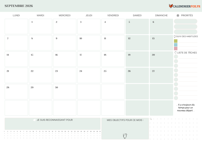 Calendrier septembre 2026 avec Priorités