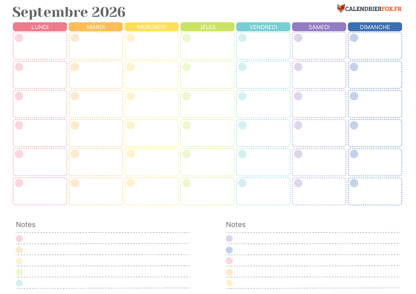Calendrier septembre 2026 Coloré