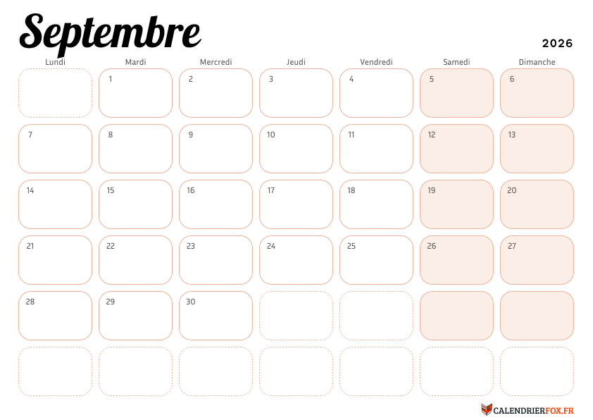 Calendrier septembre 2026 Élégant
