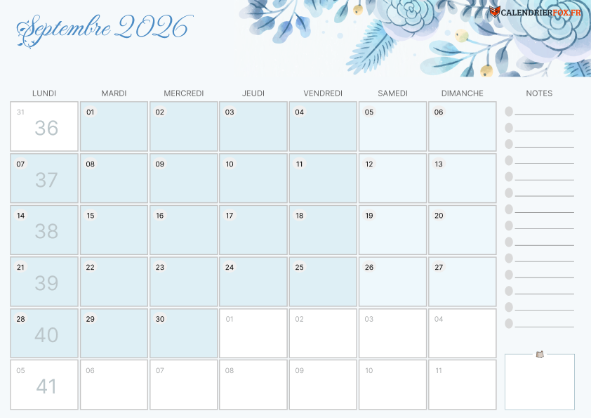 Calendrier septembre 2026 Esthétique