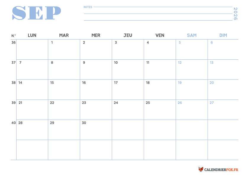 Calendrier septembre 2026 Minimaliste