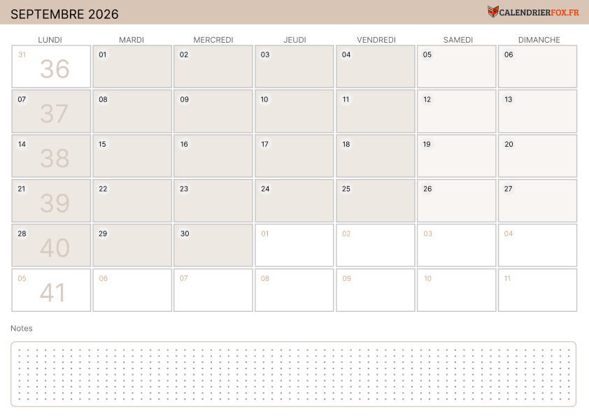 Calendrier septembre 2026 Moderne