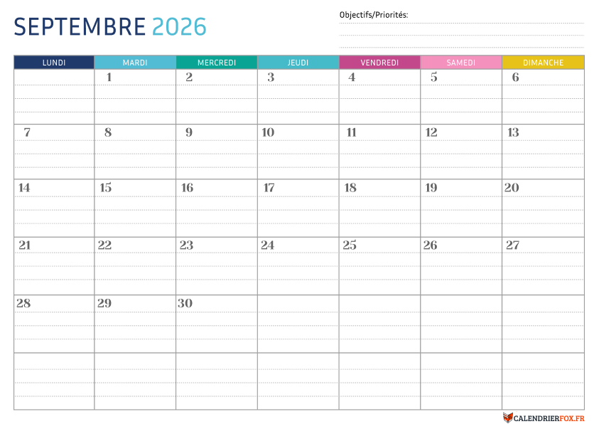 Calendrier septembre 2026 Pointillé